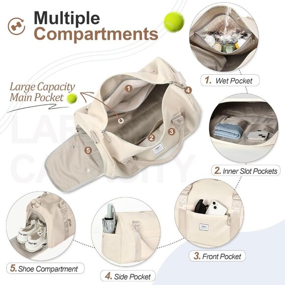 Womens Gym Tote Duffle Bag with Wet Pocket & Shoe Compartment, Sports Duffel Ove - Picture 2 of 6